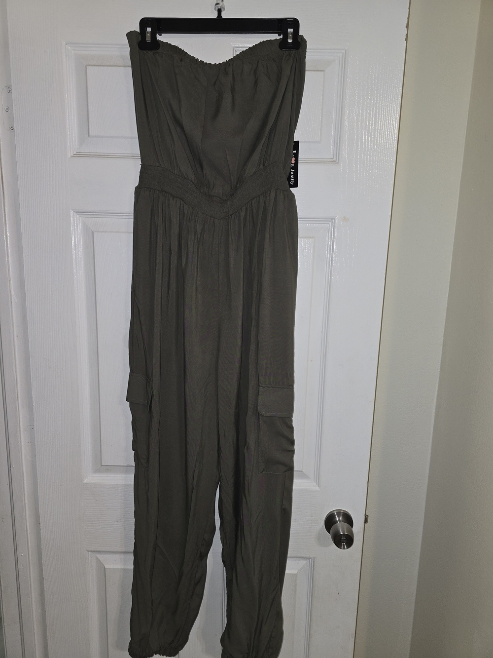Justify Olive Strapless Cargo Jumpsuit